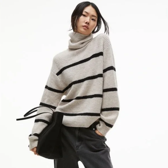 H&M cream grey oatmeal black striped turtleneck sweater size L - Picture 2 of 11
